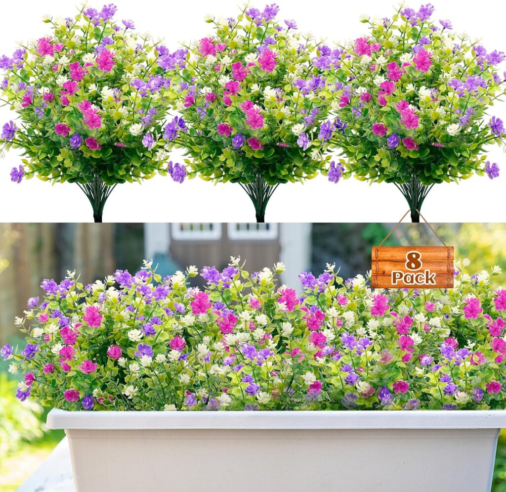 8 Bundles Artificial Fake Flowers, 3 Colors Outdoor Faux Plastic Bouquet Shrubs Plants for Indoors Outdoor Hanging Basket Garden Window Box Wedding Party Decoration (Purple Fuchsia White)