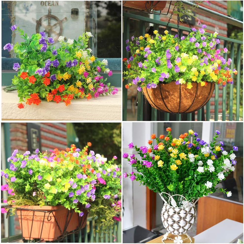 Amajoy 15 Bundles Outdoors Artificial Flowers Faux Plastic Greenery UV Resistant Shrubs Plants for Indoor Vase Outside Hanging Plants Pot Garden Porch Décor Wedding Farmhouse Decoration