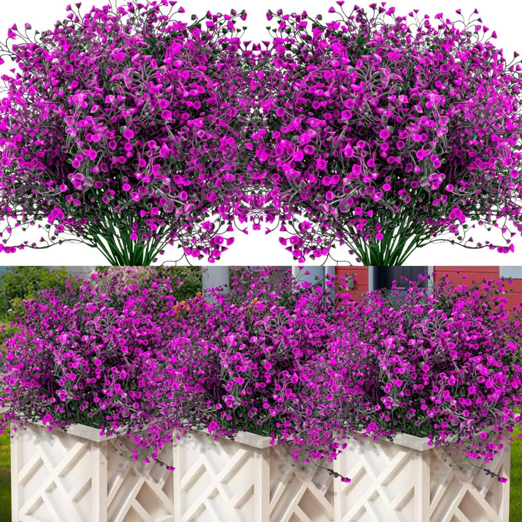 Artificial Flowers Outdoor, 12 Bundles Artificial Shrubs Bushes Fake Plants UV Resistant Faux Plastic Flowers for Outside Garden Porch Hanging Baskets Window Box Decoration, Fuchsia