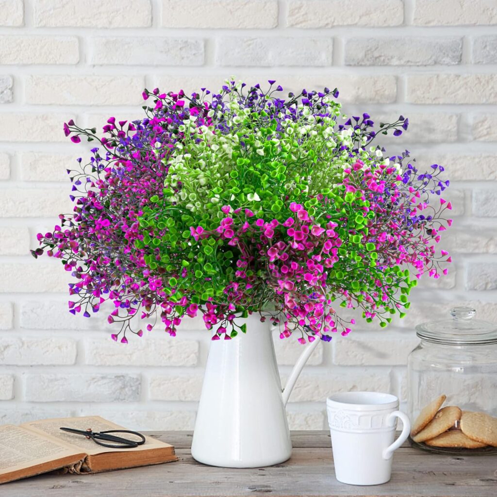 Artificial Flowers Outdoor, 12 Bundles Artificial Shrubs Bushes Fake Plants UV Resistant Faux Plastic Flowers for Outside Garden Porch Hanging Baskets Window Box Decoration, Fuchsia