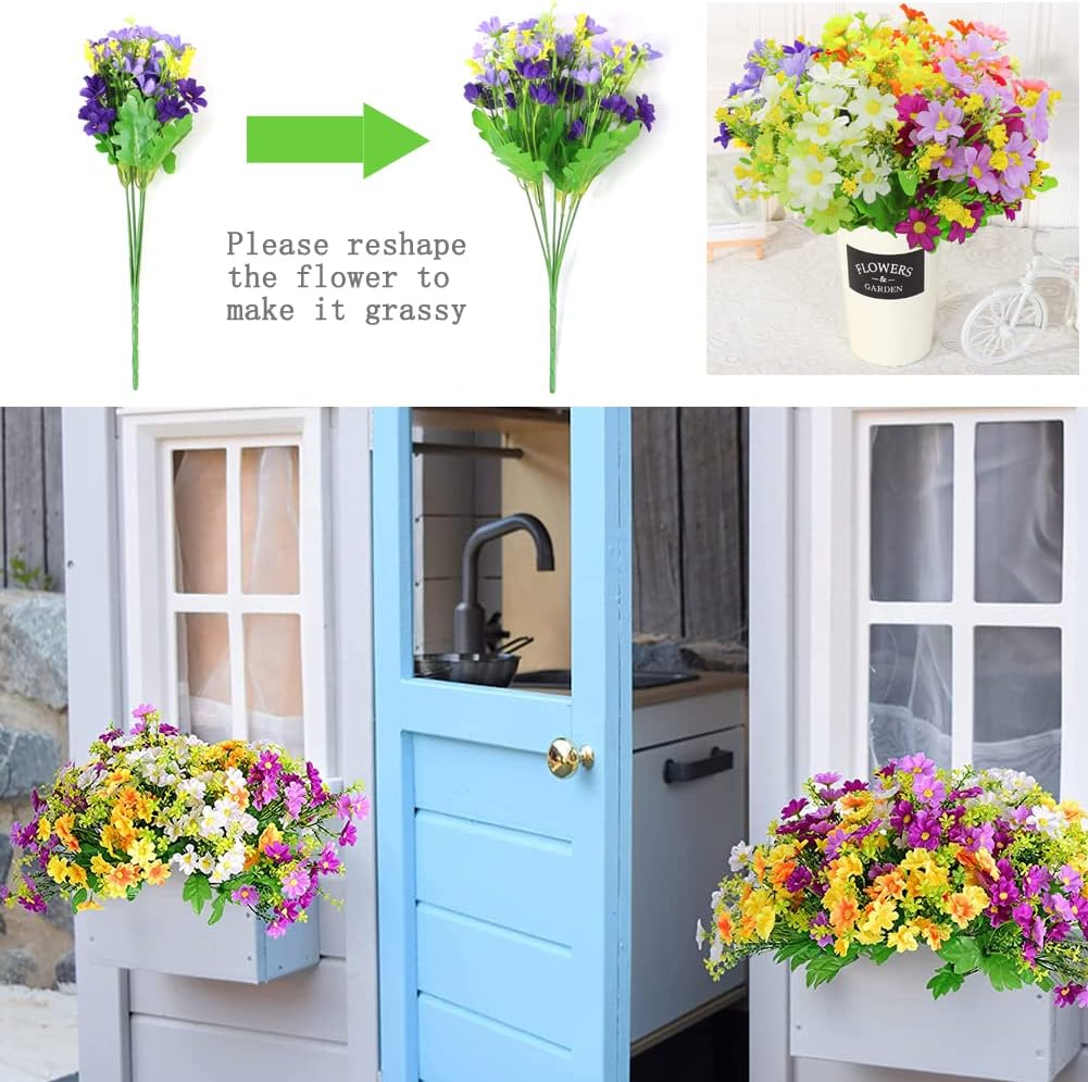 Artificial Flowers Outdoor Plants,12 Bunches Plastic Faux UV Resistant Dried Flowers for Graves and Garden,6 Colors Silk Daisy Decorative Fake Flowers with Stem for Door Hanging Baskets Wreath