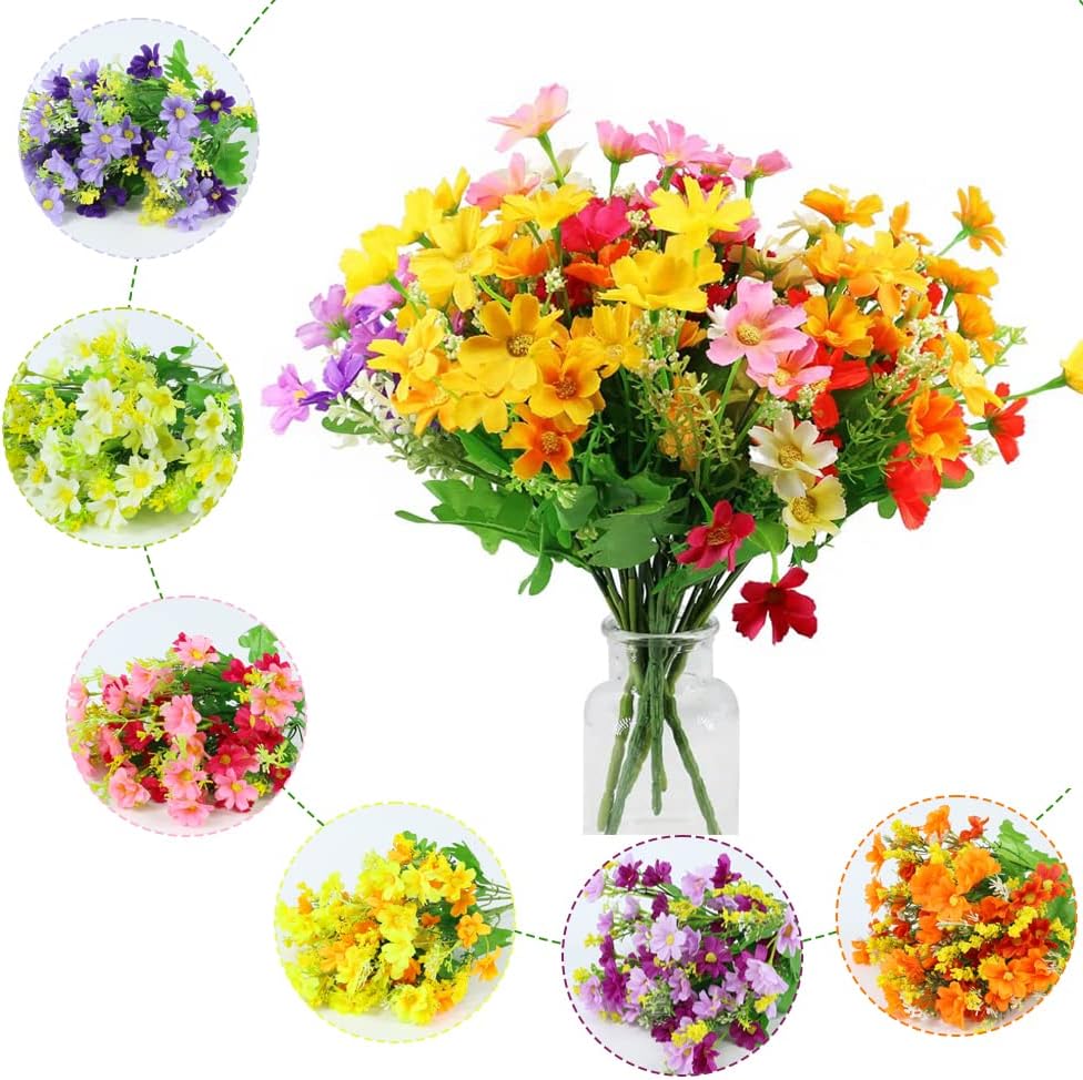 Artificial Flowers Outdoor Plants,12 Bunches Plastic Faux UV Resistant Dried Flowers for Graves and Garden,6 Colors Silk Daisy Decorative Fake Flowers with Stem for Door Hanging Baskets Wreath