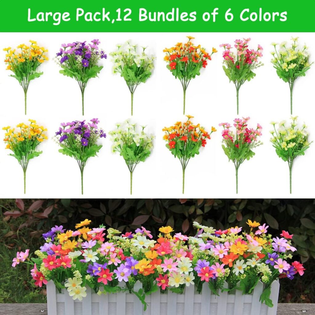 Artificial Flowers Outdoor Plants,12 Bunches Plastic Faux UV Resistant Dried Flowers for Graves and Garden,6 Colors Silk Daisy Decorative Fake Flowers with Stem for Door Hanging Baskets Wreath