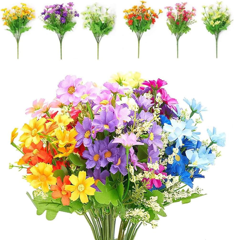 Artificial Flowers Outdoor Plants,12 Bunches Plastic Faux UV Resistant Dried Flowers for Graves and Garden,6 Colors Silk Daisy Decorative Fake Flowers with Stem for Door Hanging Baskets Wreath