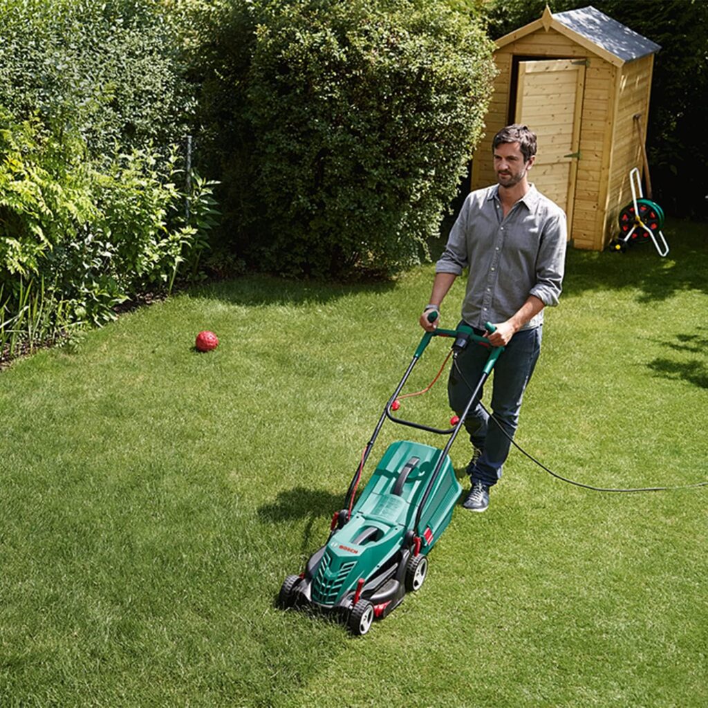 Bosch Home and Garden Rotak 34R Electric Lawnmower (1300 W, Cutting width: 34 cm, 20-70 mm adjustable cutting height, In carton packaging)