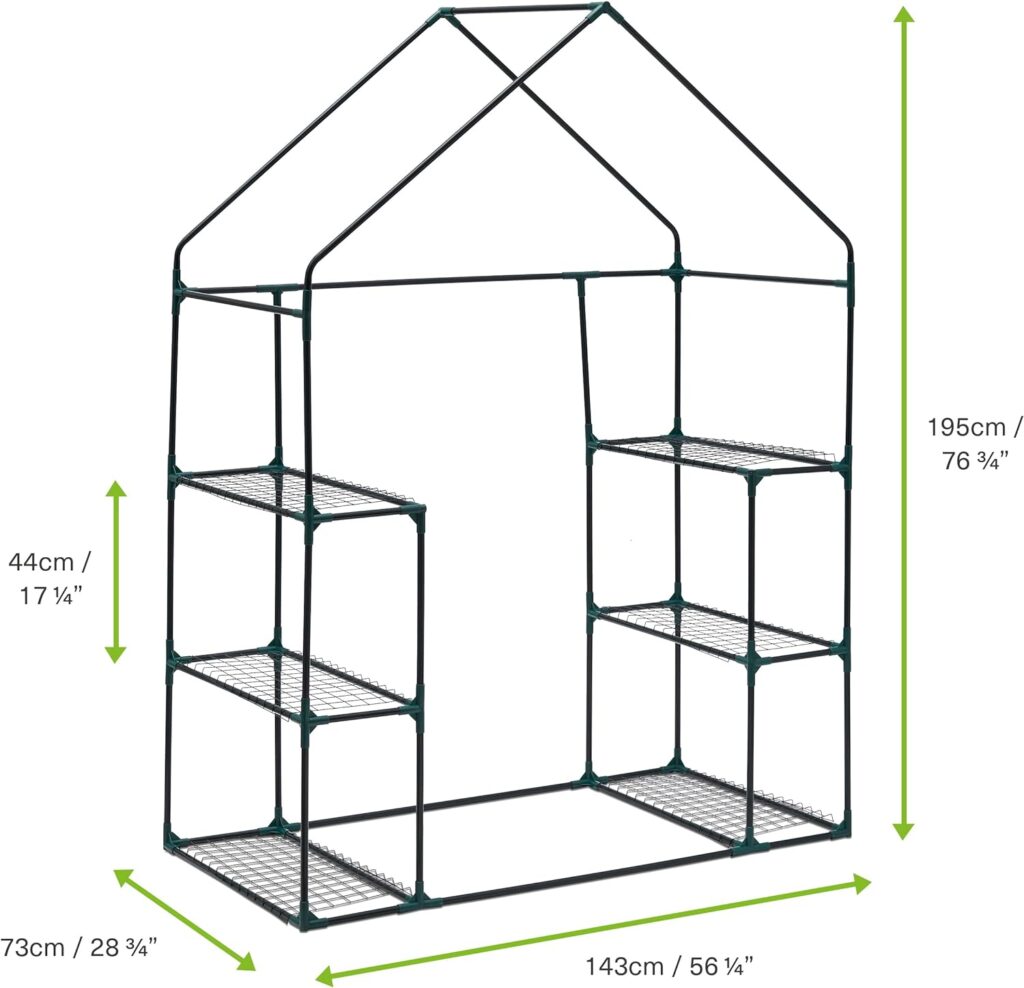 Bramble - Walk In Compact Greenhouse, 6 Tier Shelves with Easy No Tool Assembly Frames and Clear PVC Covers for Small Garden Growing Plants - H195cm x W143cm x D73cm