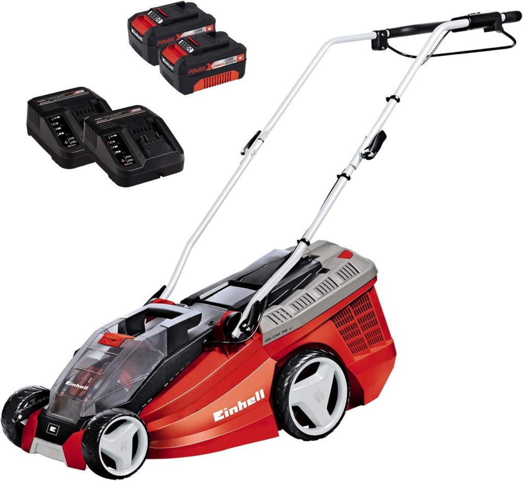 Einhell GE-CM 36 Li Kit Power X-Change cordless lawnmower (36 V, 36 cm cutting width, up to 350 m², brushless, 40L catch basket, 25-75 mm cutting height, incl. 2x 3.0 Ah battery and 2x charger)