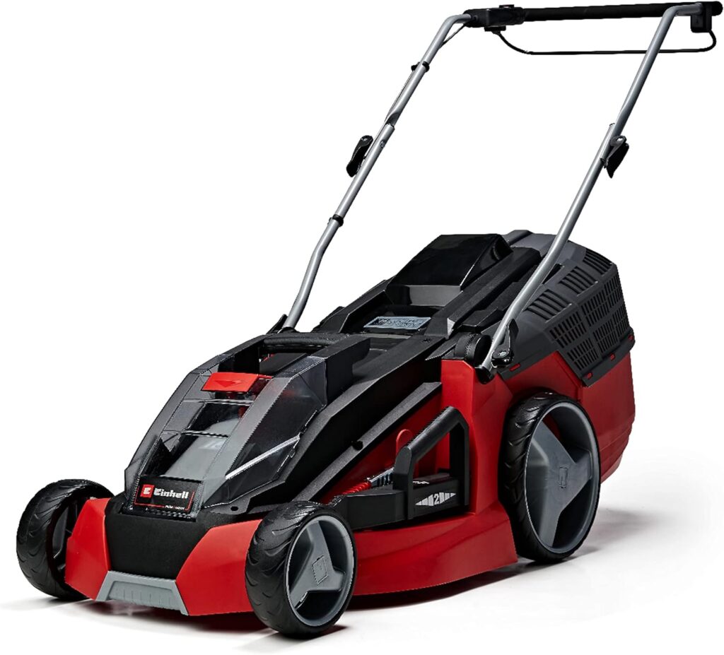 Einhell Power X-Change 36/43 Cordless Lawnmower With Battery (x2) and Charger (x2) - 36V, 43cm Cutting Width, 63L Grass Box, 6 Cutting Heights, Mulching - GE-CM 43 Li M Battery Lawn Mower