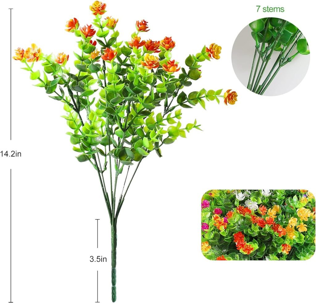 Eirdary 12 Bundles Artificial Flowers for Decoration,6 Colors UV Resistant Fake Flowers Outdoor Indoor, Faux Plastic Bouquet Shrubs Plants for Hanging Home Garden Window Wedding Party Decor