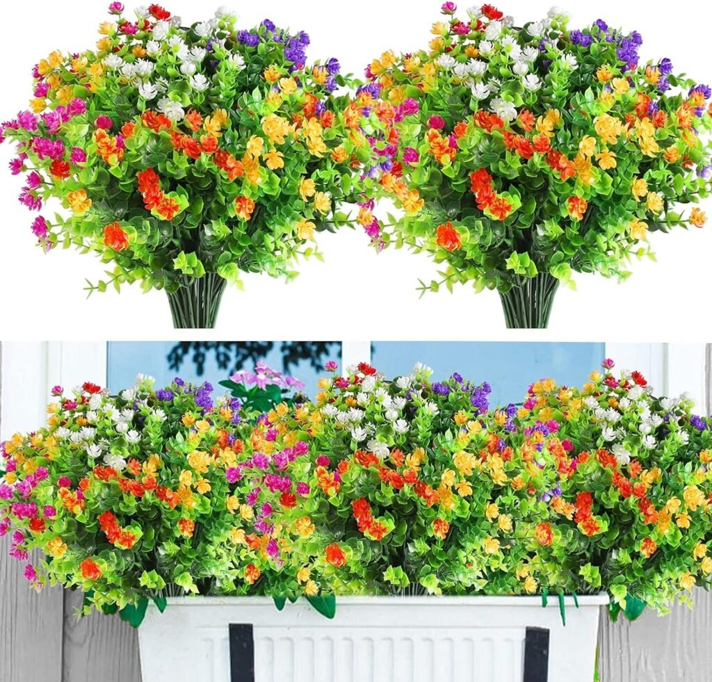 Eirdary 12 Bundles Artificial Flowers for Decoration,6 Colors UV Resistant Fake Flowers Outdoor Indoor, Faux Plastic Bouquet Shrubs Plants for Hanging Home Garden Window Wedding Party Decor