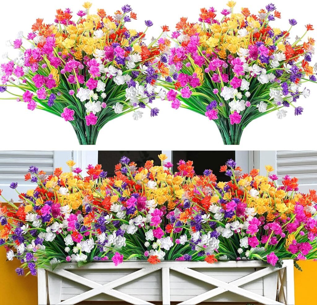 Eirdary 12 Bundles Artificial Flowers for Decoration,6 Colors UV Resistant Fake Flowers Outdoor Indoor, Faux Plastic Bouquet Shrubs Plants for Hanging Home Garden Window Wedding Party Decor