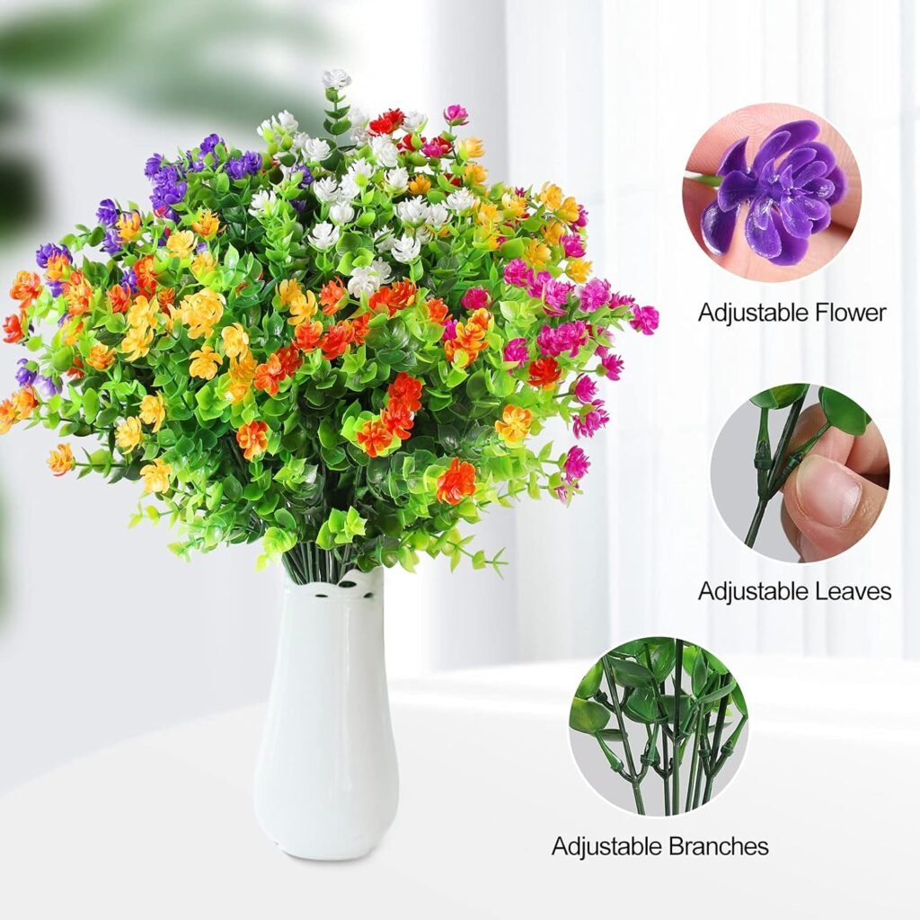 Eirdary 12 Bundles Artificial Flowers for Decoration,6 Colors UV Resistant Fake Flowers Outdoor Indoor, Faux Plastic Bouquet Shrubs Plants for Hanging Home Garden Window Wedding Party Decor