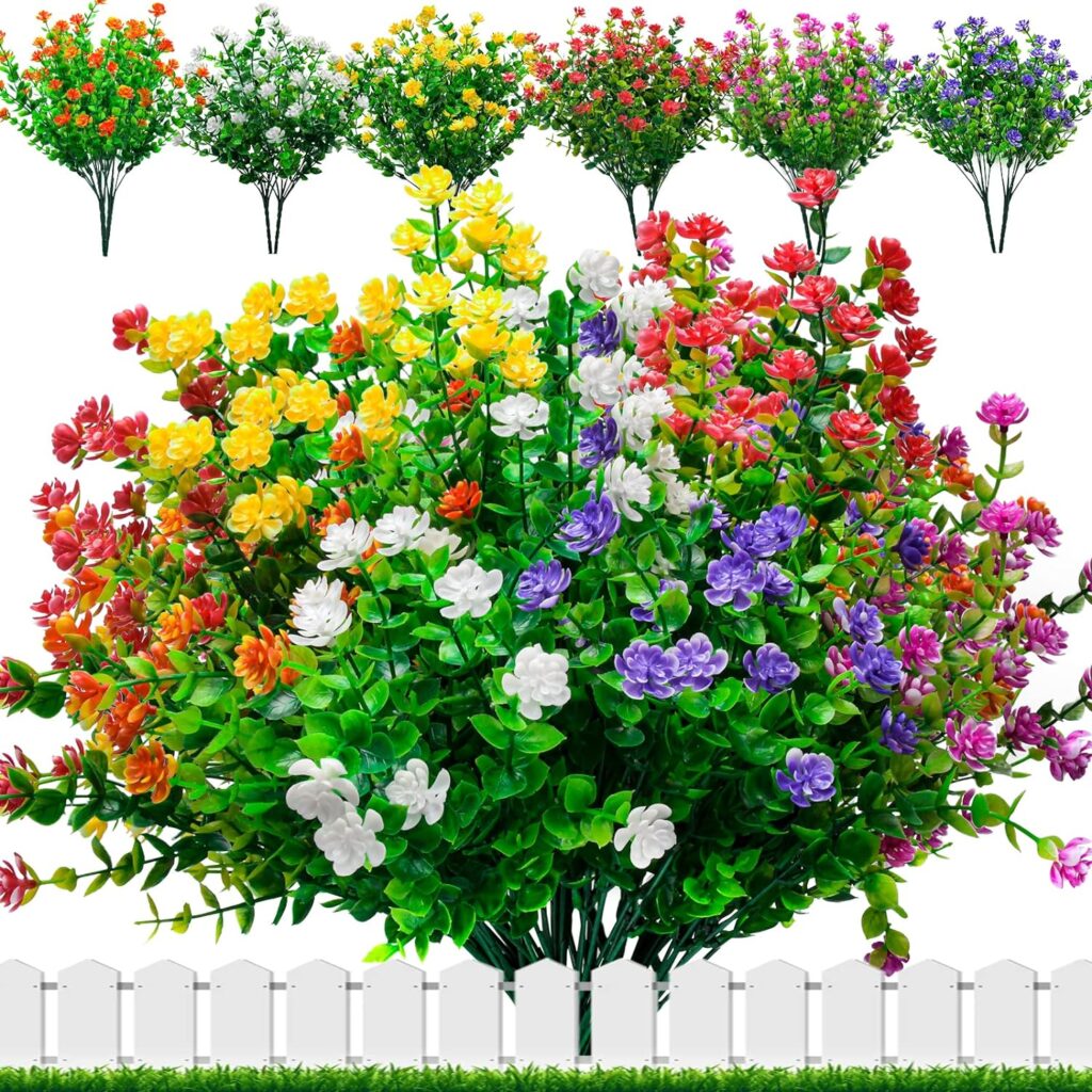 Elecoutek 8 Bundles Artificial Plants and Flowers Outdoor, Fake Flowers UV Resistant Faux Plastic Shrubs for Outside Spring Hanging Basket Garden Window Box Decoration(White Fuchsia Purple)