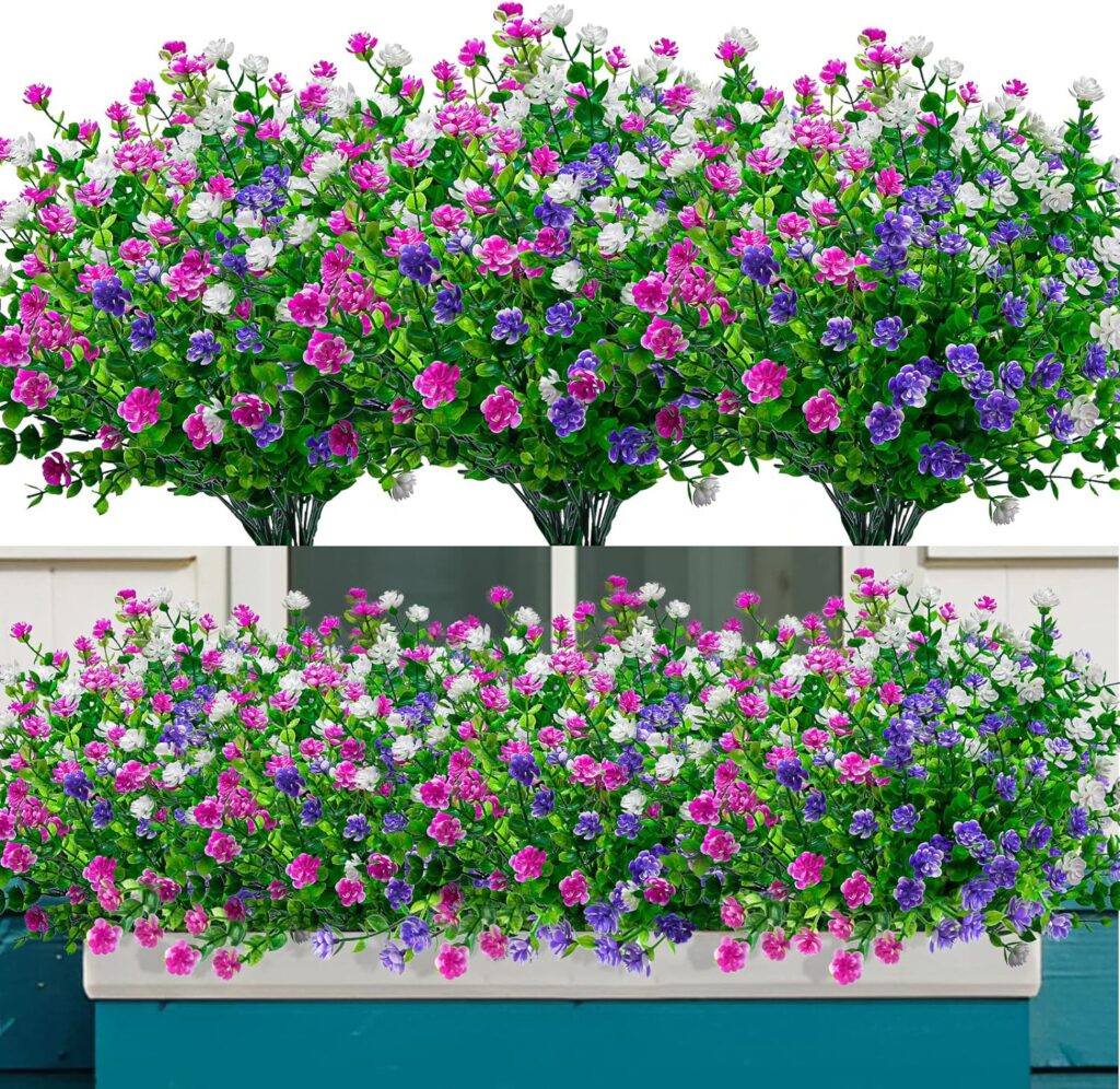 Elecoutek 8 Bundles Artificial Plants and Flowers Outdoor, Fake Flowers UV Resistant Faux Plastic Shrubs for Outside Spring Hanging Basket Garden Window Box Decoration(White Fuchsia Purple)