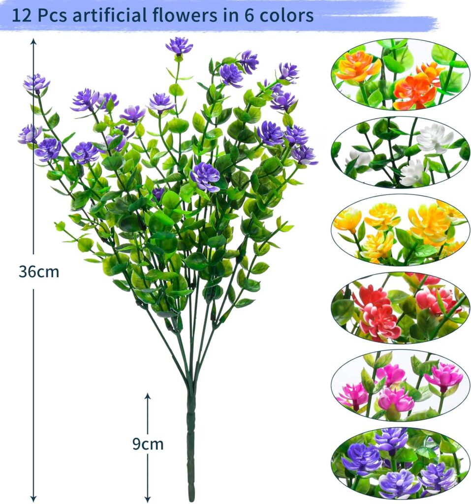 Elecoutek 8 Bundles Artificial Plants and Flowers Outdoor, Fake Flowers UV Resistant Faux Plastic Shrubs for Outside Spring Hanging Basket Garden Window Box Decoration(White Fuchsia Purple)