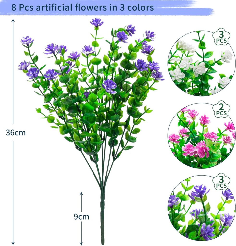 Elecoutek 8 Bundles Artificial Plants and Flowers Outdoor, Fake Flowers UV Resistant Faux Plastic Shrubs for Outside Spring Hanging Basket Garden Window Box Decoration(White Fuchsia Purple)