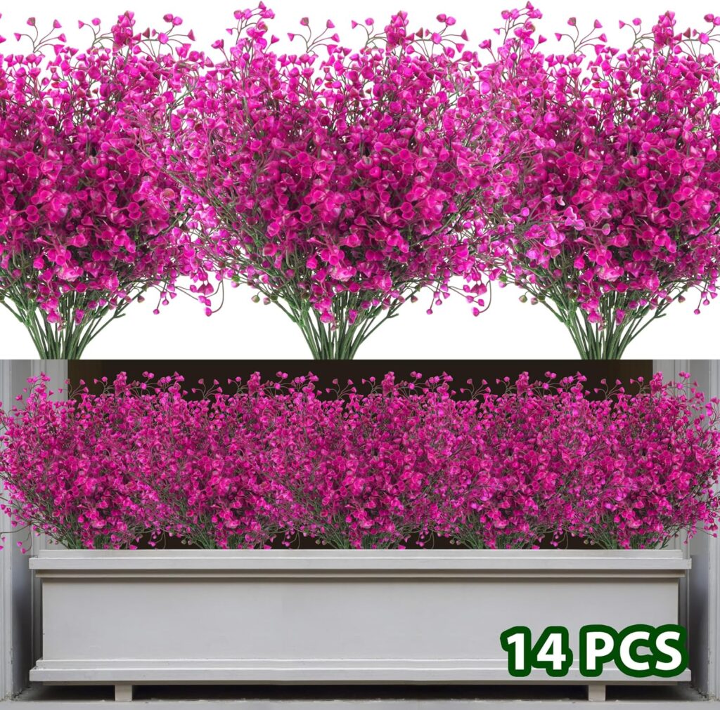 FEOYA 14 Pcs Artificial Flowers Outdoor, Fake Outdoor Plants Shrubs Bushes Faux Flower, Artificial Plants Fake Flowers for Outside Indoors Garden Pots Hanging Baskets-Fuchsia