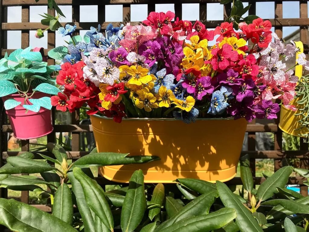 FEOYA 14 PCS Artificial Flowers Outdoor Plants for Decoration,6 Colors Artificial Plants Fake Flowers, Silk Flowers for Outside Hanging Home Garden Patio Decoration-Multicoloured