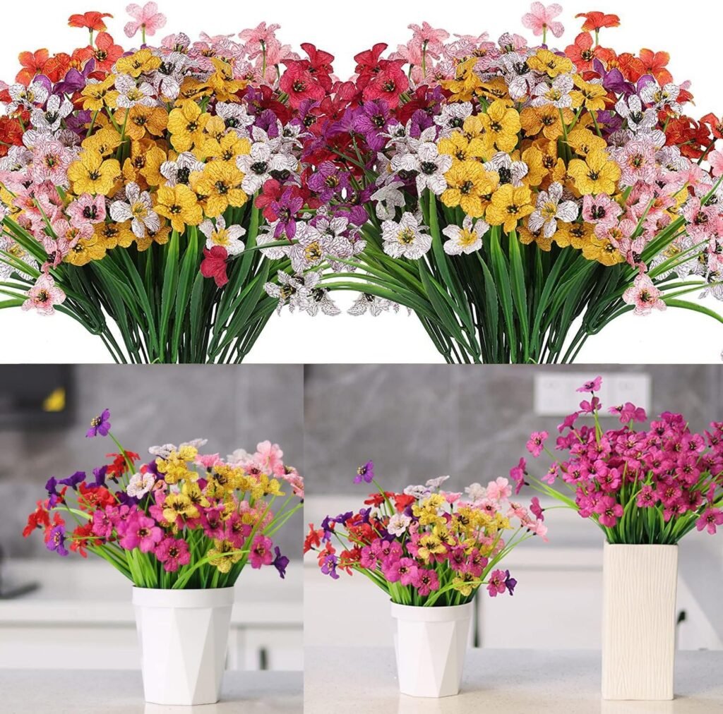 FEOYA 14 PCS Artificial Flowers Outdoor Plants for Decoration,6 Colors Artificial Plants Fake Flowers, Silk Flowers for Outside Hanging Home Garden Patio Decoration-Multicoloured