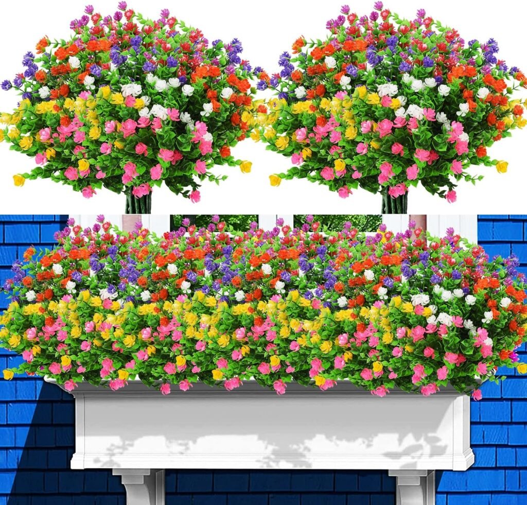 FEOYA 14 PCS Artificial Flowers Outdoor Plants for Decoration,6 Colors Artificial Plants Fake Flowers, Silk Flowers for Outside Hanging Home Garden Patio Decoration-Multicoloured