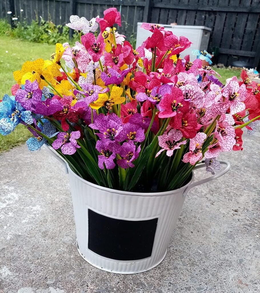 FEOYA 14 PCS Artificial Flowers Outdoor Plants for Decoration,6 Colors Artificial Plants Fake Flowers, Silk Flowers for Outside Hanging Home Garden Patio Decoration-Multicoloured