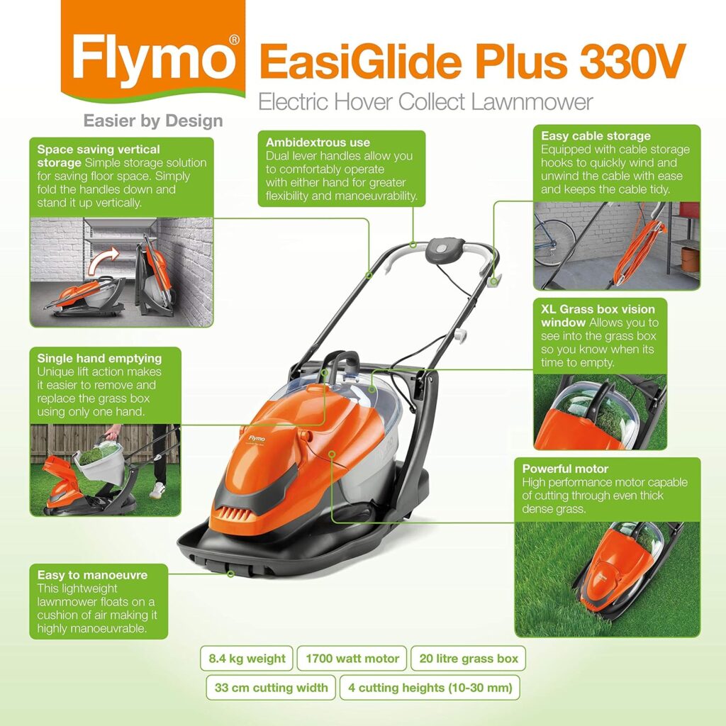 Flymo EasiGlide Plus 360V Hover Collect Lawn Mower - 1800W Motor, 36cm Cutting Width, 26 Litre Grass Box, Folds Flat, 10m Cable Length, Orange and Grey