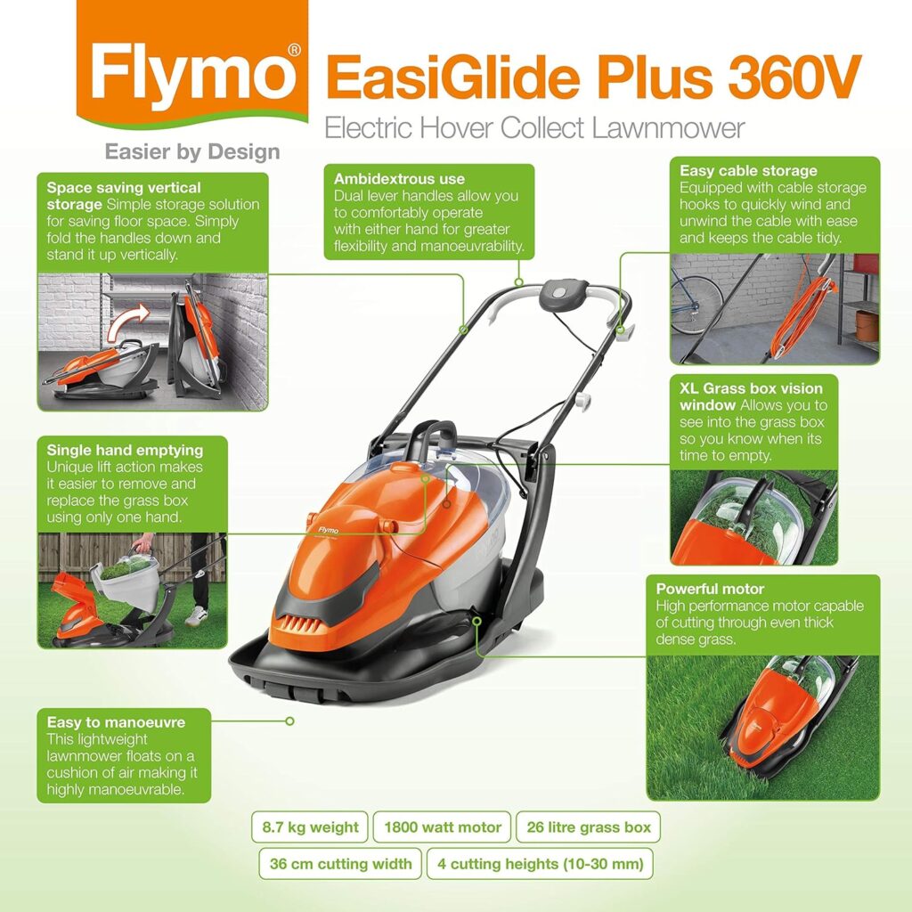 Flymo EasiGlide Plus 360V Hover Collect Lawn Mower - 1800W Motor, 36cm Cutting Width, 26 Litre Grass Box, Folds Flat, 10m Cable Length, Orange and Grey