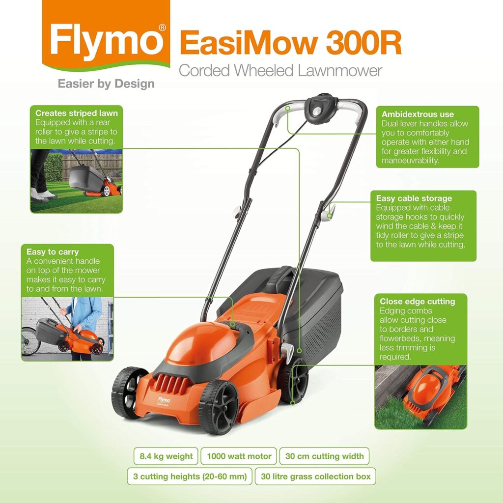 Flymo EasiMow 300R Lawn Mower and MiniTrim Grass Trimmer - 30 cm Cutting Width, 30 Litre Grass Box, Close Edge Cutting, Rear Roller, Comfortable to Manoeuvre, Lightweight