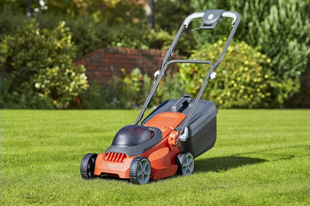 Flymo EasiStore 340R Electric Rotary Lawn Mower - 34 cm Cutting Width, 35 Litre Grass Box, Close Edge Cutting, Rear Roller, Central Height Adjust , Space Saving Storage Features