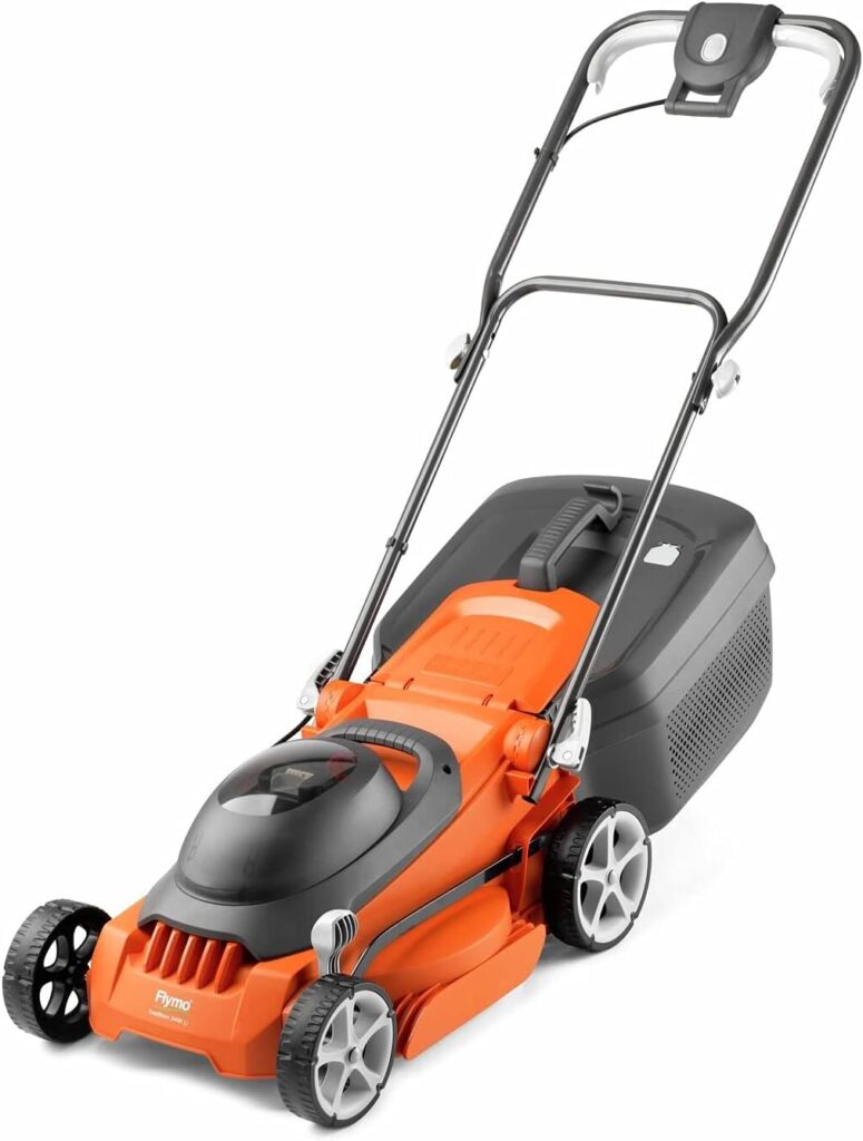 Flymo EasiStore 340R Electric Rotary Lawn Mower - 34 cm Cutting Width, 35 Litre Grass Box, Close Edge Cutting, Rear Roller, Central Height Adjust , Space Saving Storage Features