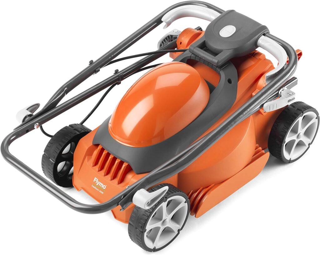 Flymo EasiStore 340R Electric Rotary Lawn Mower - 34 cm Cutting Width, 35 Litre Grass Box, Close Edge Cutting, Rear Roller, Central Height Adjust , Space Saving Storage Features