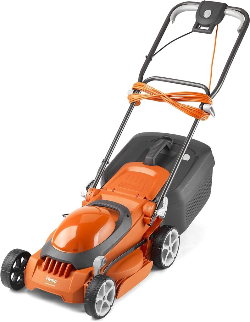 Flymo EasiStore 340R Electric Rotary Lawn Mower - 34 cm Cutting Width, 35 Litre Grass Box, Close Edge Cutting, Rear Roller, Central Height Adjust , Space Saving Storage Features