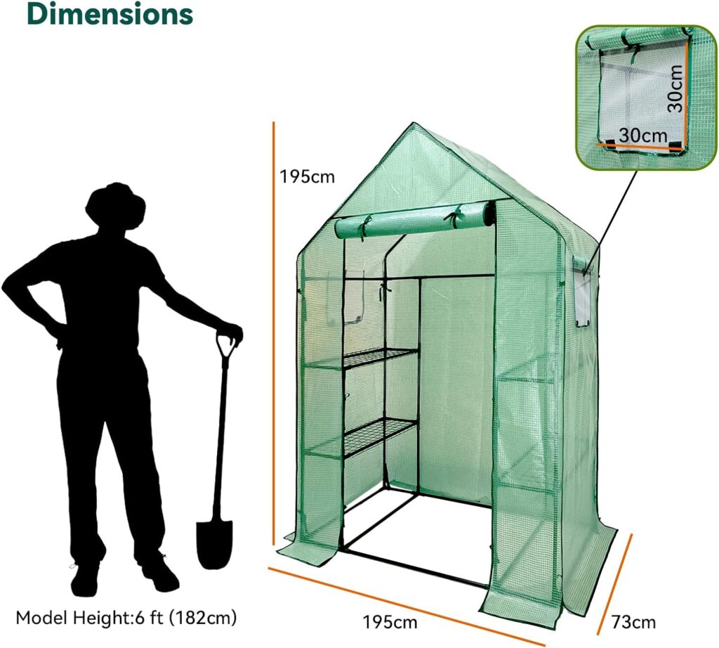 Grandhom Walk In Greenhouse With Shelves,Walk-In Plant Green House With Durable Green PE Cover, 3 Tiers 6 Shelves Stands with Ground Pegs Ropes for Stability, 143x73x195cm