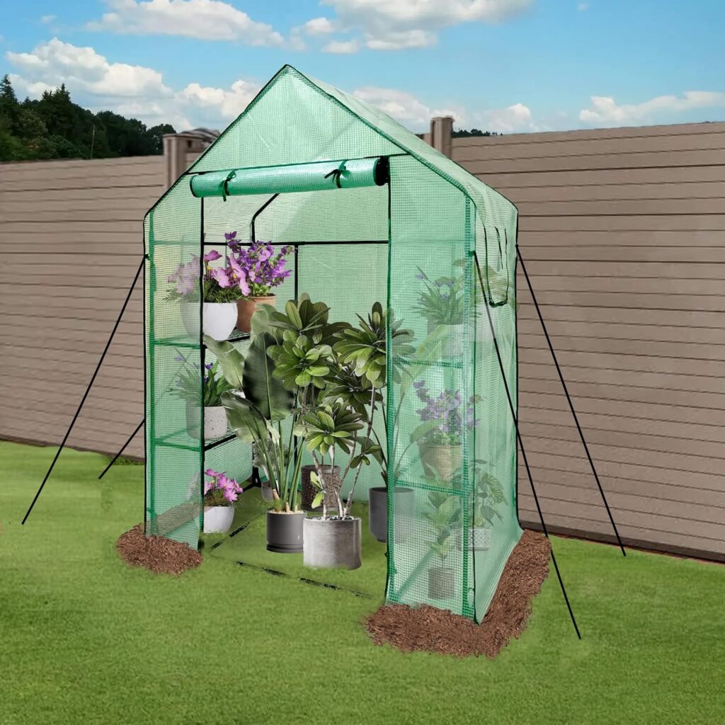 Grandhom Walk In Greenhouse With Shelves,Walk-In Plant Green House With Durable Green PE Cover, 3 Tiers 6 Shelves Stands with Ground Pegs Ropes for Stability, 143x73x195cm