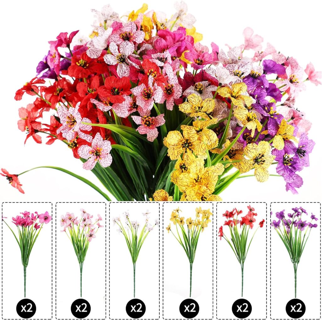 HuaJiao 12 Pcs Artificial Flowers, Outdoor UV Resistant Plants for Garden Faux Plastic Plants Silk Flowers for Decoration Home Garden Patio Wall Wedding Party Decor