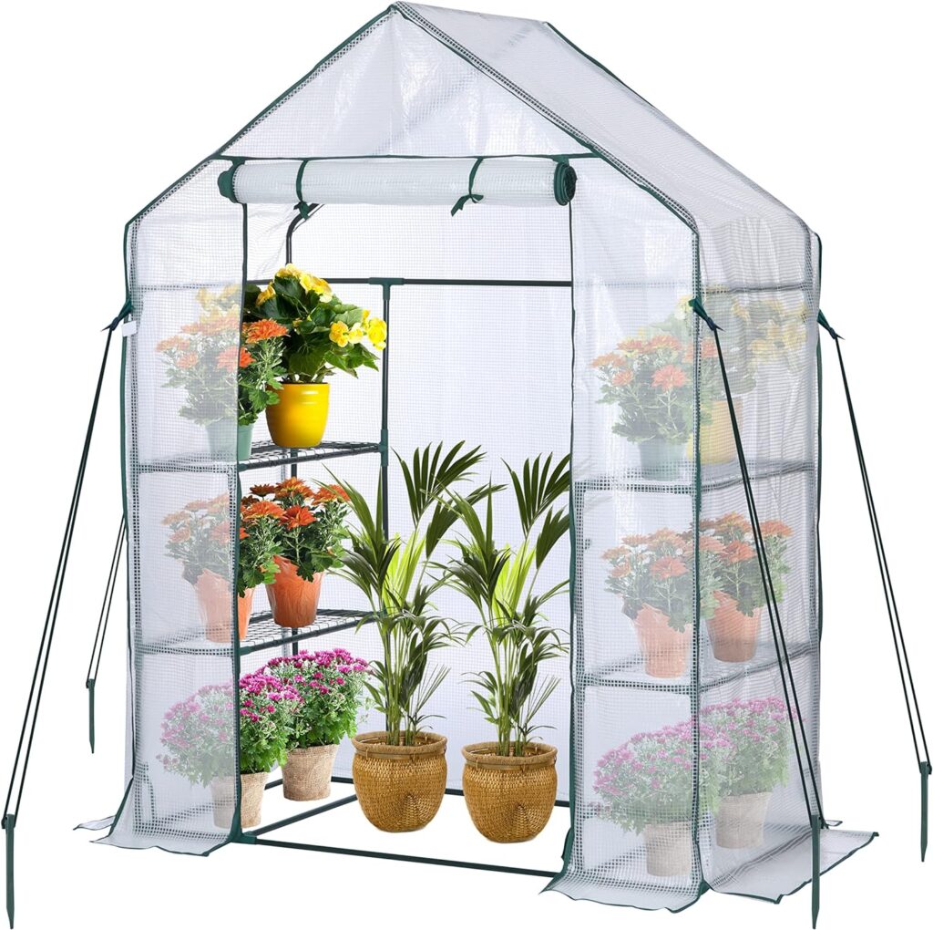 JUNGLE STONE Walk In Greenhouse with Steel Frame and Reinforced PE Plastic Cover 3 Tier 4 Wired Shelves Greenhouse Plant Nursery for Small Gardens, Patios, Perfect for Tomato Growing Easy to Assemble