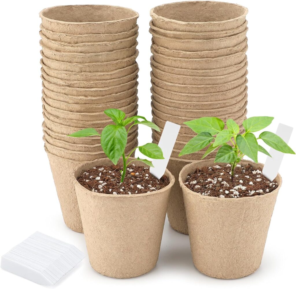 KINGLAKE 50 Pcs 8cm Fibre Plant Pots Biodegradable Seed Pots Round Seedling Pots with 100 Plant Labels for Growing Vegetables, Fruit, Herb, Flower