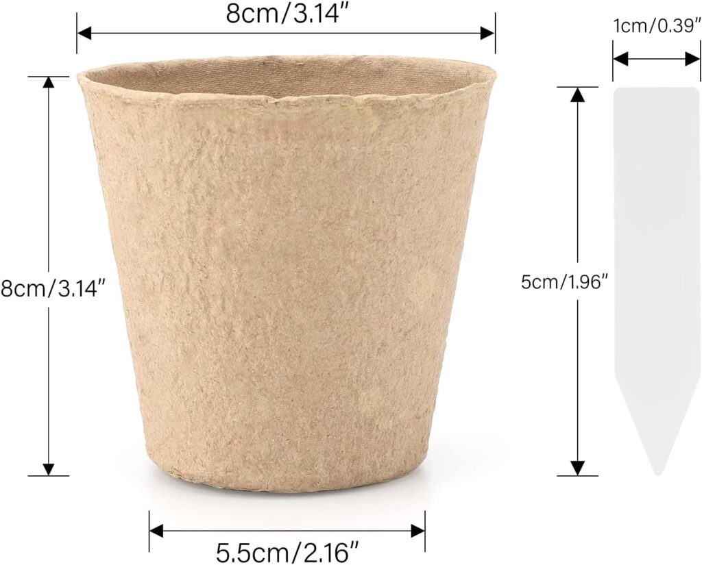 KINGLAKE 50 Pcs 8cm Fibre Plant Pots Biodegradable Seed Pots Round Seedling Pots with 100 Plant Labels for Growing Vegetables, Fruit, Herb, Flower