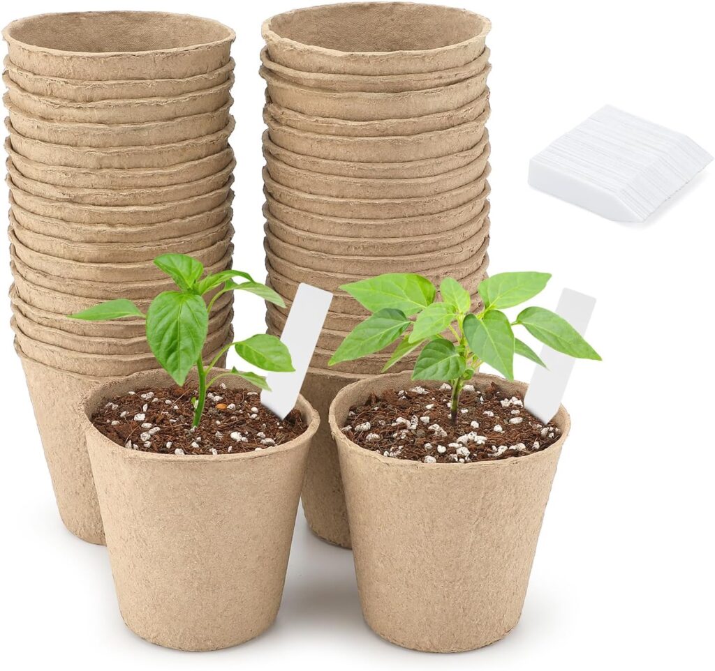 KINGLAKE 50 Pcs 8cm Fibre Plant Pots Biodegradable Seed Pots Round Seedling Pots with 100 Plant Labels for Growing Vegetables, Fruit, Herb, Flower