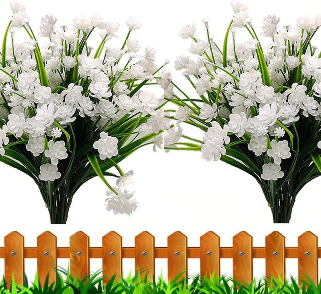 Leixi Artificial Flowers, 6pcs Fake Outdoor UV Resistant Plants Faux Plastic Greenery Shrubs Indoor Outside Hanging Planter Home Kitchen Office Wedding Garden Decor (White)