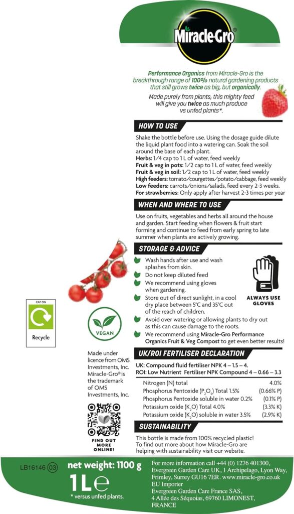 Miracle-Gro Performance Organics Fruit Veg Liquid Plant Food, 1 Litre (Bee, Pet Child Friendly)