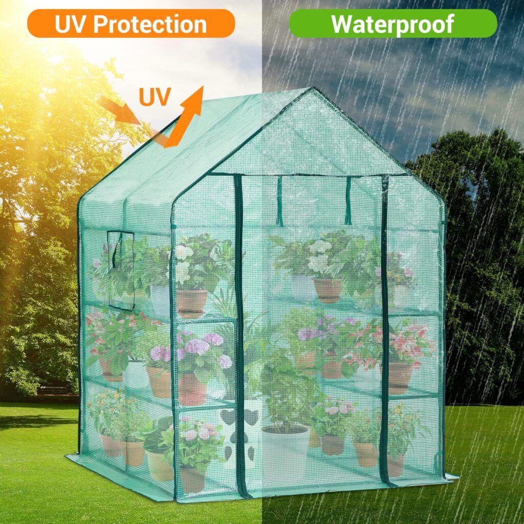 Ohuhu Plastic Greenhouse with Improved Transparent PVC Cover, Portable Walk in Plant Green House, 3 Tiers 12 Shelves Stands Small Greenhouses Backyard Green Houses for Outside Heavy Duty