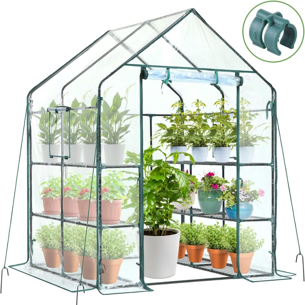 Ohuhu Plastic Greenhouse with Improved Transparent PVC Cover, Portable Walk in Plant Green House, 3 Tiers 12 Shelves Stands Small Greenhouses Backyard Green Houses for Outside Heavy Duty