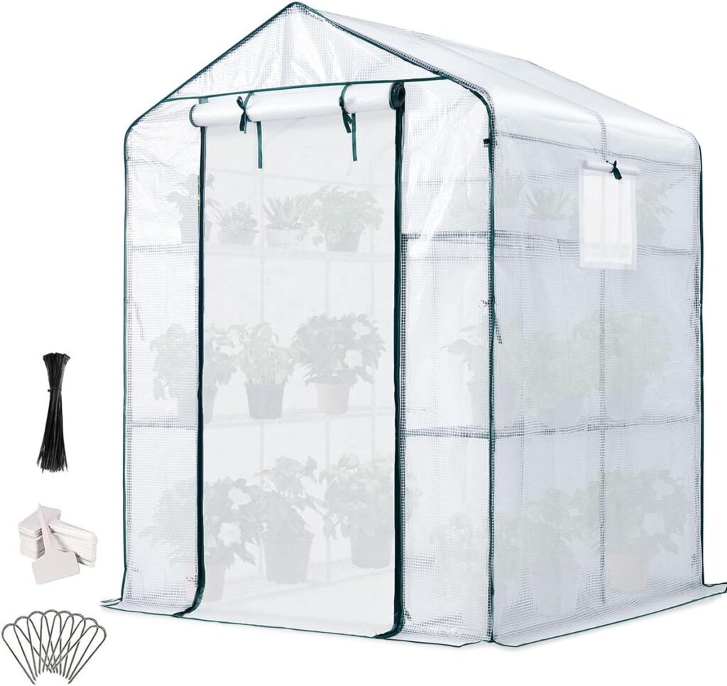 Quictent Walk-in Greenhouse, Mesh Door Windows, 3 Tiers 12 Shelves Polytunnel, Mini Portable Indoor Outdoor Garden Plant Green House 143 x 143 x 195cm,White…