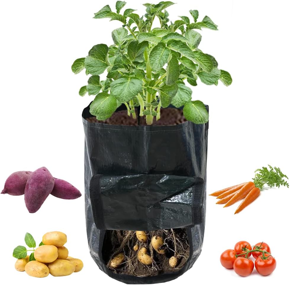 Ram® 4 Pack 7 Gallon Potato Grow Bag set. Garden Plant Bags for potatoes, carrots, tomatoes, cucumbers and other Vegetables. Made in Green Polyethylene Complete