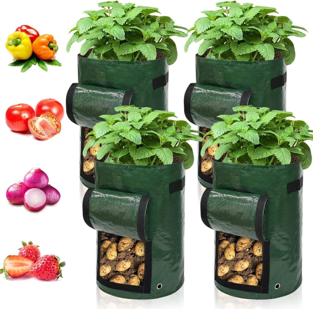 Ram® 4 Pack 7 Gallon Potato Grow Bag set. Garden Plant Bags for potatoes, carrots, tomatoes, cucumbers and other Vegetables. Made in Green Polyethylene Complete