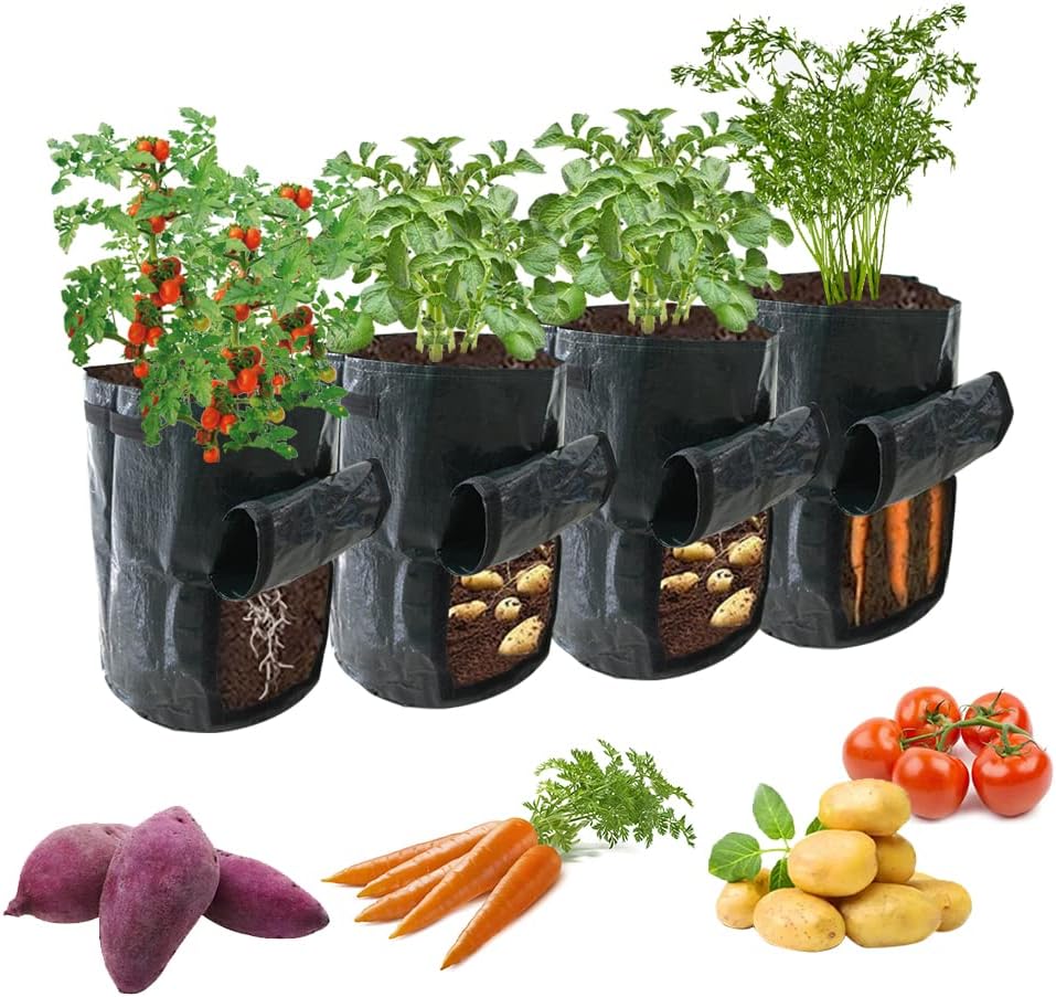 Ram® 4 Pack 7 Gallon Potato Grow Bag set. Garden Plant Bags for potatoes, carrots, tomatoes, cucumbers and other Vegetables. Made in Green Polyethylene Complete