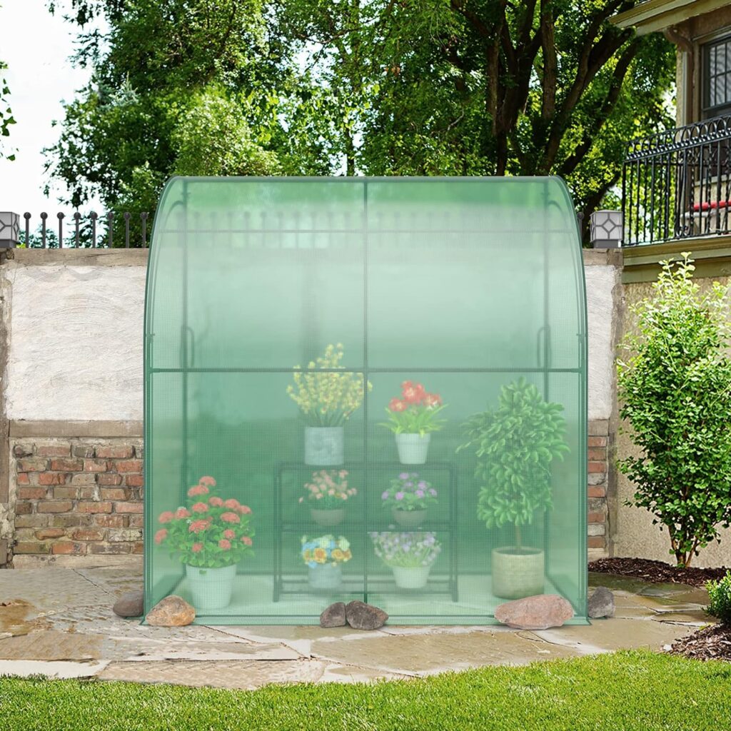 TANGZON Walk-In Lean to Wall Greenhouse, Large Heavy Duty Metal Frame Garden Green House with Zippered Roll-Up Doors Waterproof PE Cover, Outdoor Windproof Tunnel Growhouse, 200 x 100 x 215cm