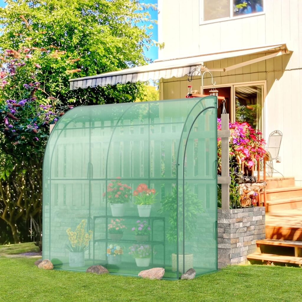 TANGZON Walk-In Lean to Wall Greenhouse, Large Heavy Duty Metal Frame Garden Green House with Zippered Roll-Up Doors Waterproof PE Cover, Outdoor Windproof Tunnel Growhouse, 200 x 100 x 215cm