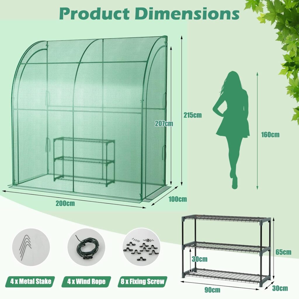 TANGZON Walk-In Lean to Wall Greenhouse, Large Heavy Duty Metal Frame Garden Green House with Zippered Roll-Up Doors Waterproof PE Cover, Outdoor Windproof Tunnel Growhouse, 200 x 100 x 215cm